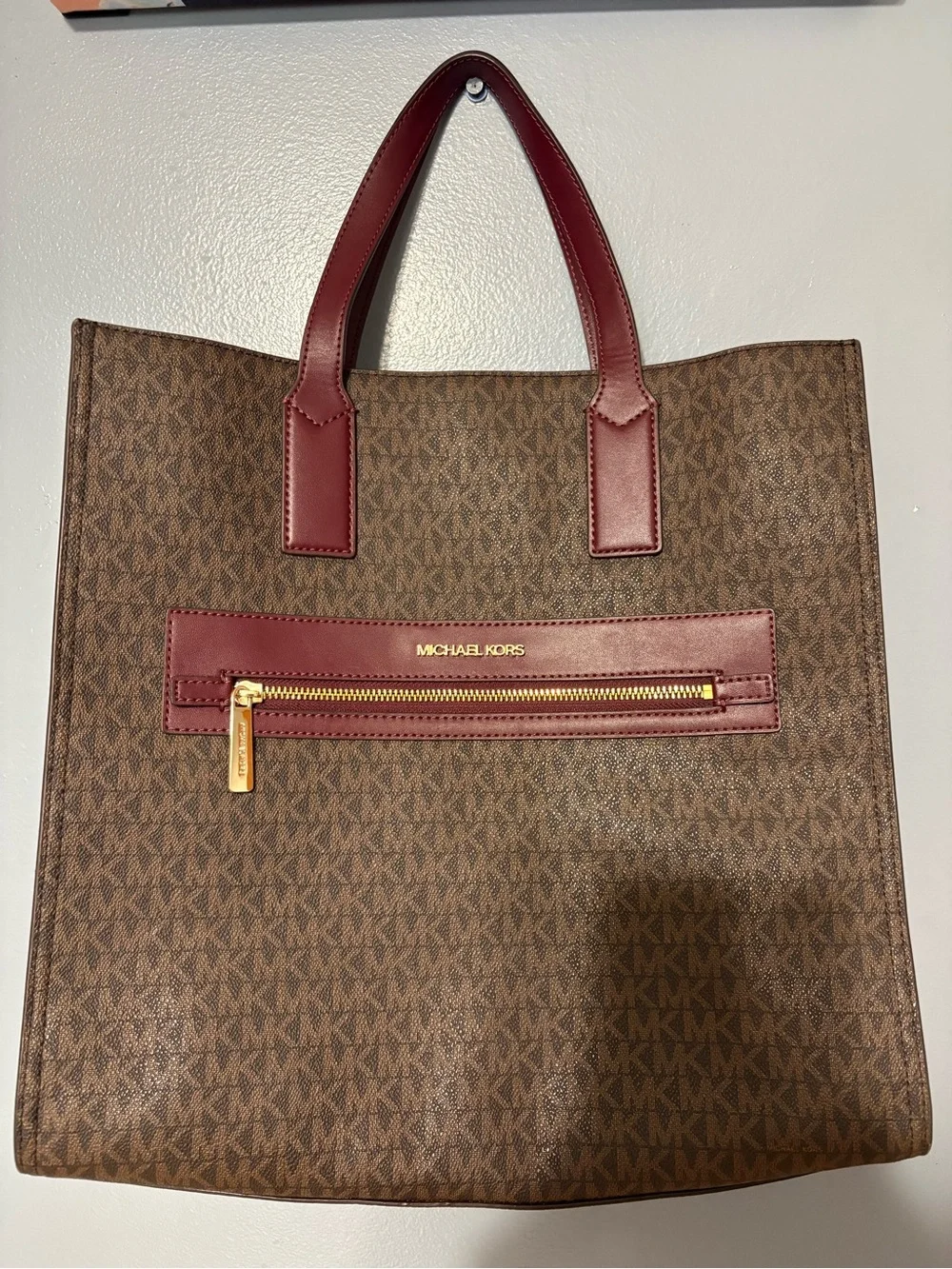Michael Kors Brown MK Logo Tote with Burgundy Leather Trim